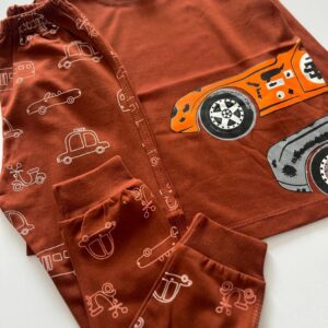 ست راحتی خانگی نخ پنبه آستین بلند طرح ماشینی رنگ اجری کد P041